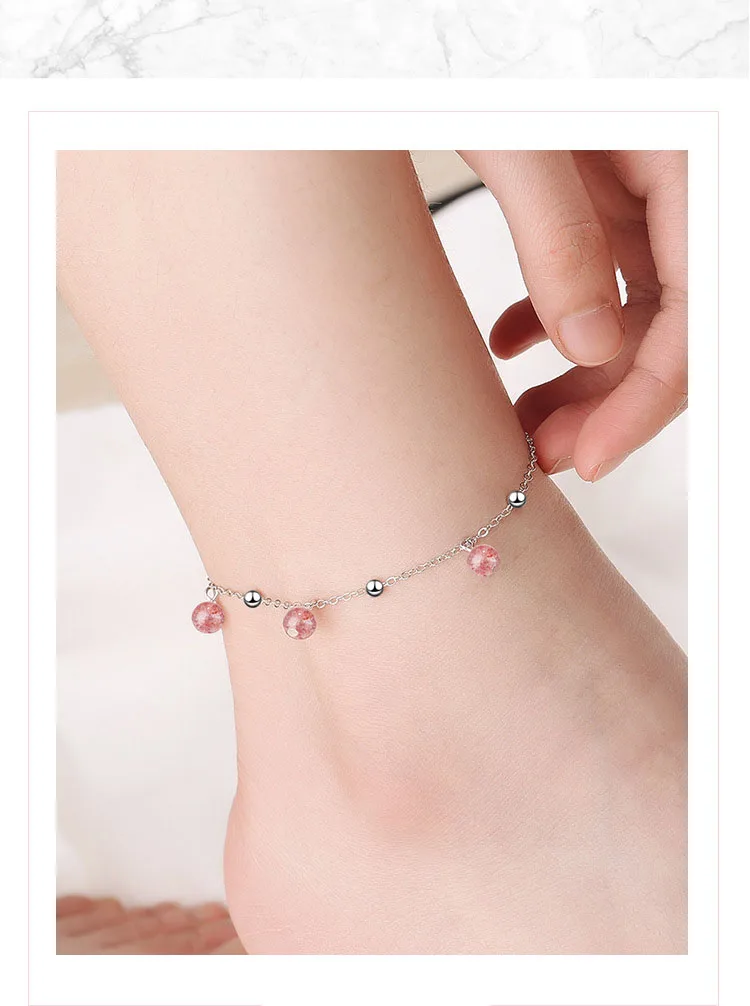 Летняя мода 925 пробы серебро ножные браслеты с цепочкой для Для женщин пляж вечерние с украшением в виде кристаллов розовые бусы браслет на ногу ювелирные изделия для девочек Подарки