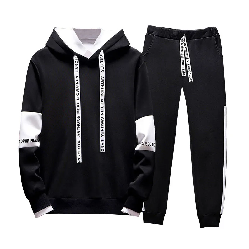 Casual Hoodie Set Men Hooded Men's Tracksuit Patchwork Spring Letter Printed Mens Sweat Suit Hoody Autumn Fitness Clothing 2019