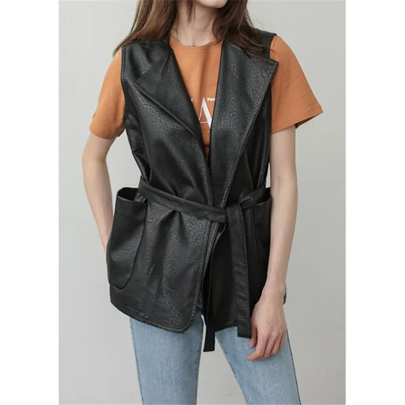 PU Sashes Leather Vest Women Tops Big Pocket Baggy Vest Women 2019 Autumn Black Color High
