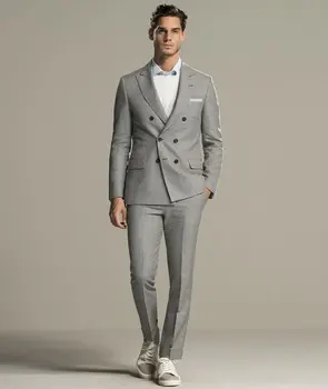 

Latest Coat Pant Designs Light Gray Double Breasted Groom Tuxedos Italian Style Mens Wedding Party Business Suits (Jacket+Pants)