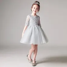 Glizt/с блестками для Девочек Пышные вечерние платья Половина рукавом Серый Тюль для девочек в цветочек платья для свадьбы детское платье для первого причастия
