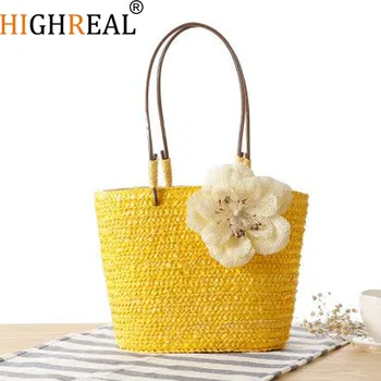 

HIGHREAL Delicate Linen Belt Flowers Straw Beach Bag Ladies Cute Compact Portable Multicolor Handbag Shopping Bag
