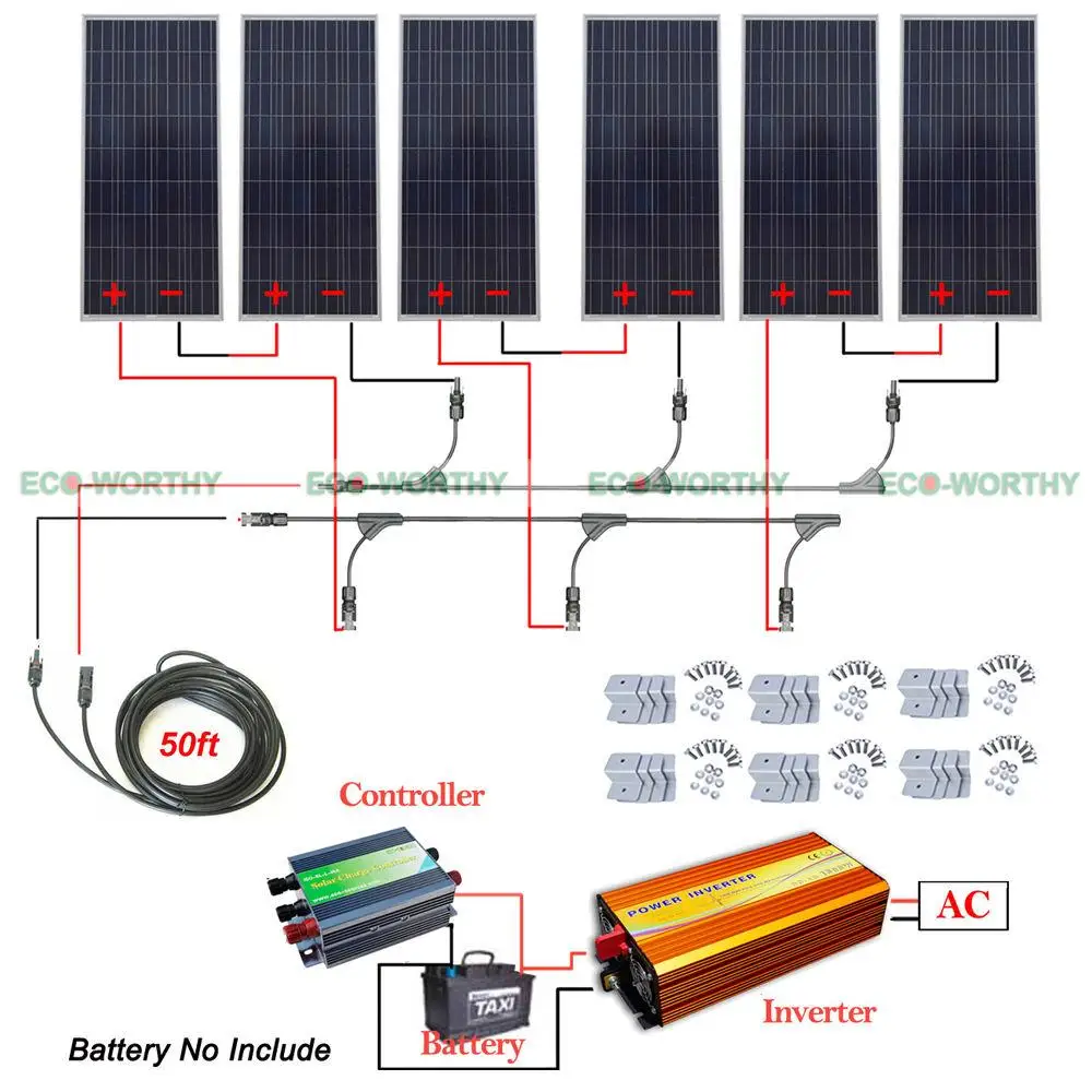 

900W 24V off Grid Solar System Kit 6x160W Solar panel w/ 1500W Inverter for Home