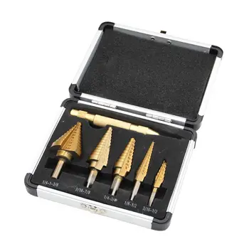 

HSS 5PCS Titanium Step Drill Bit Set with Automatic Center Punch, 50 Sizes in 5 High Speed Steel Drill Bits Set Aluminum Case