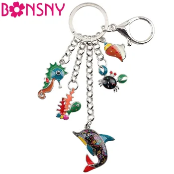 

Bonsny Enamel Alloy Ocean Dolphin Crab Seahorse Key Chain Keychain Ring Sea Animal Jewelry For Women Girls Bag Car Wallet Charms