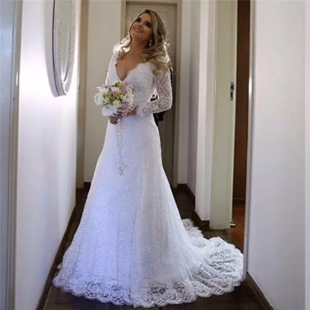 2017 nuevo blanco de encaje de manga completa sirena vestido de