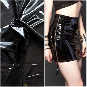 

Mirror surface Stretch Knit spandex backing Elastic Glossy Black Faux Leather PU fabric material for clothes shorts