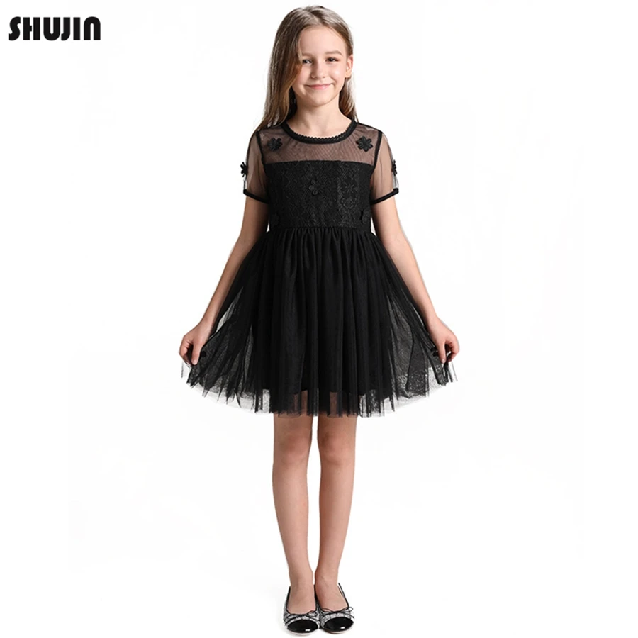 

Shujin 4T To 10T Kids Girls Fashion Summer Lace Overlay Tulle Princess Party Dresses Children Black Princess Baby Girl Dresses