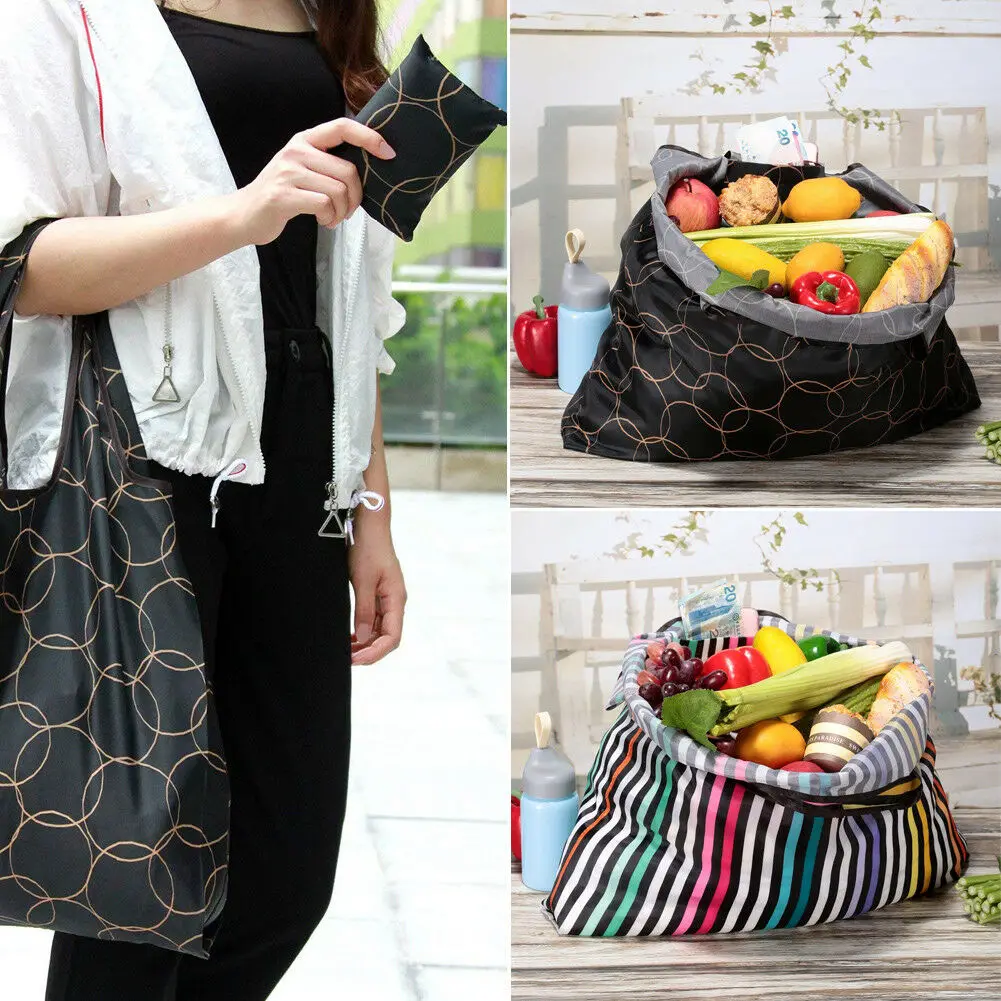 

Reusable Fold Away Tote Shopping Bag Clip Eco Friendly Foldable Case Travel New