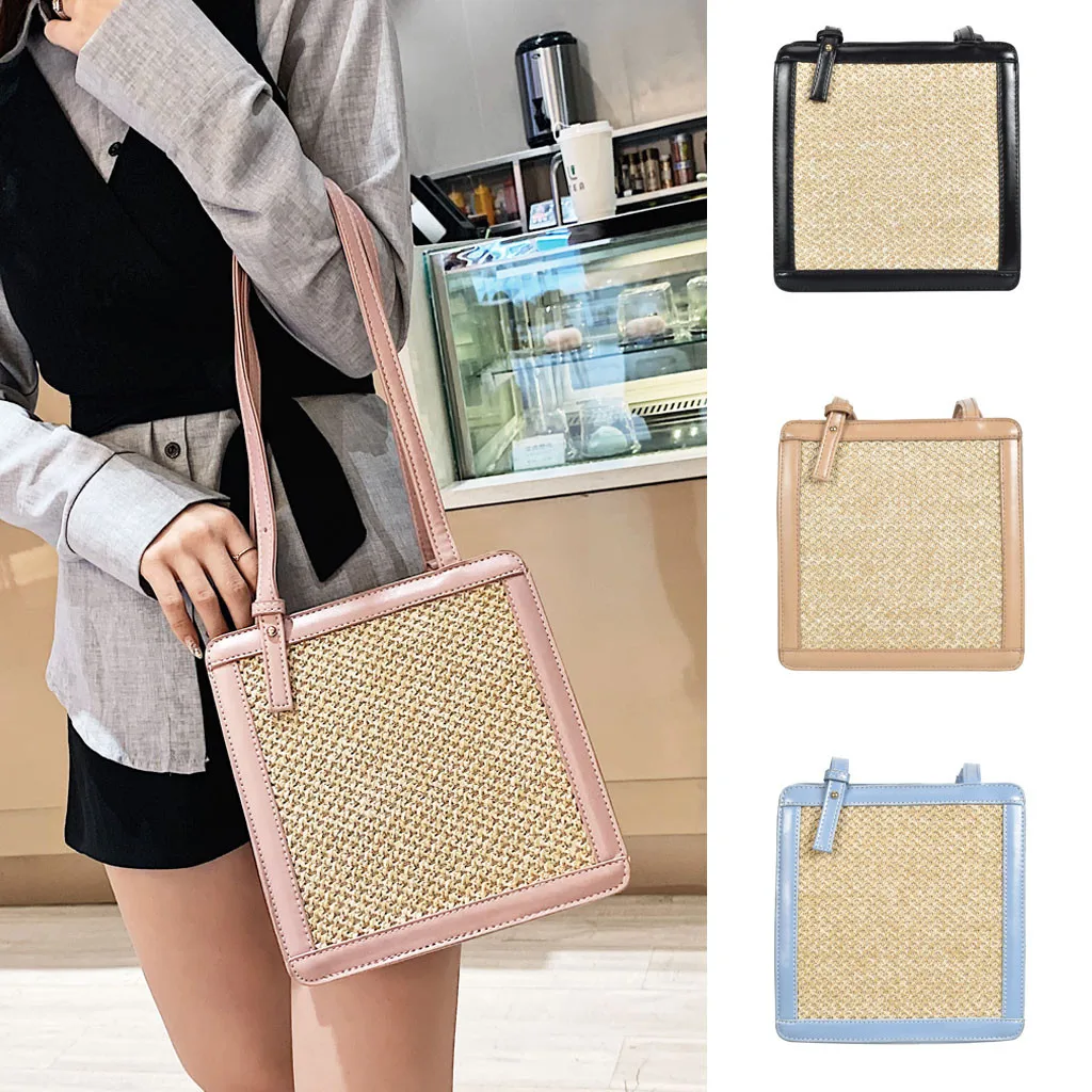 

Fashion Women Retro Weave Square Leather Messenger Bags Handle Bag Shoulder Bag Foldable Reusable Shopping Bag High Capacity