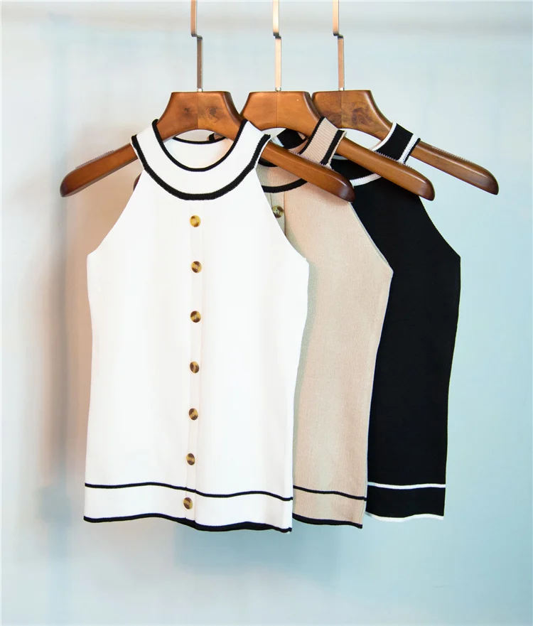 

2018 Hot Summer Turtleneck Sweater Women's Vest Fashion High Neck Halter Strapless Sleeveless Sexy Button Tank Top