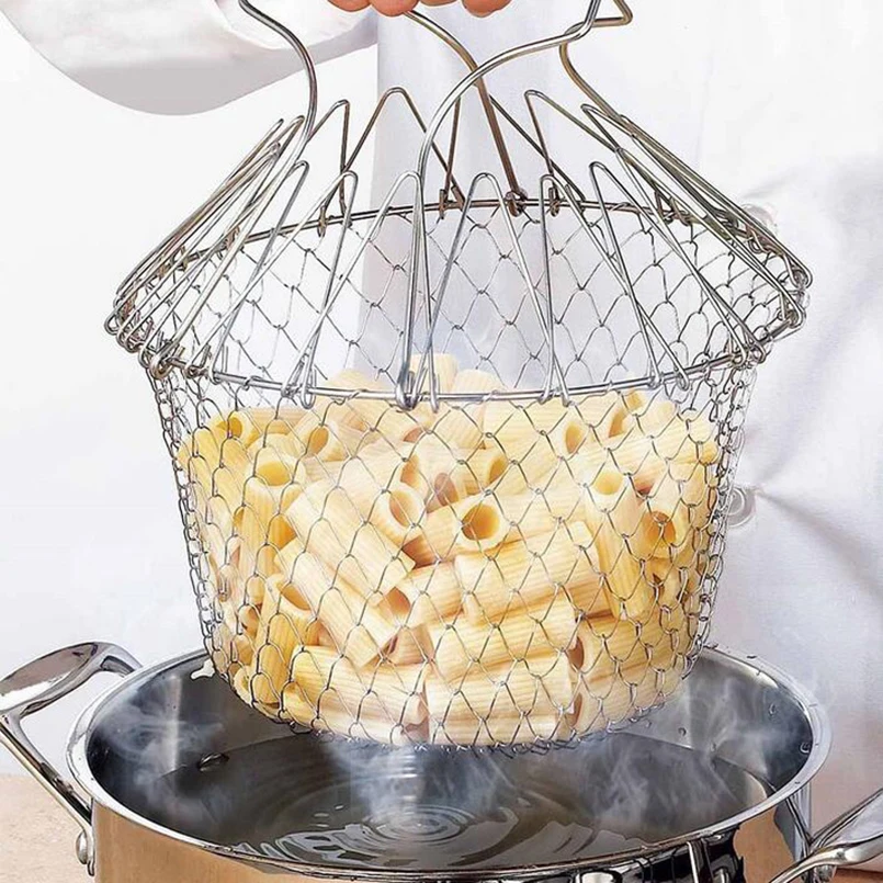 

Foldable Frying Basket Stainless Steel Fry Food Steamer Cooking Net Water Drainage Oil Filter Magic Cooking Utensils
