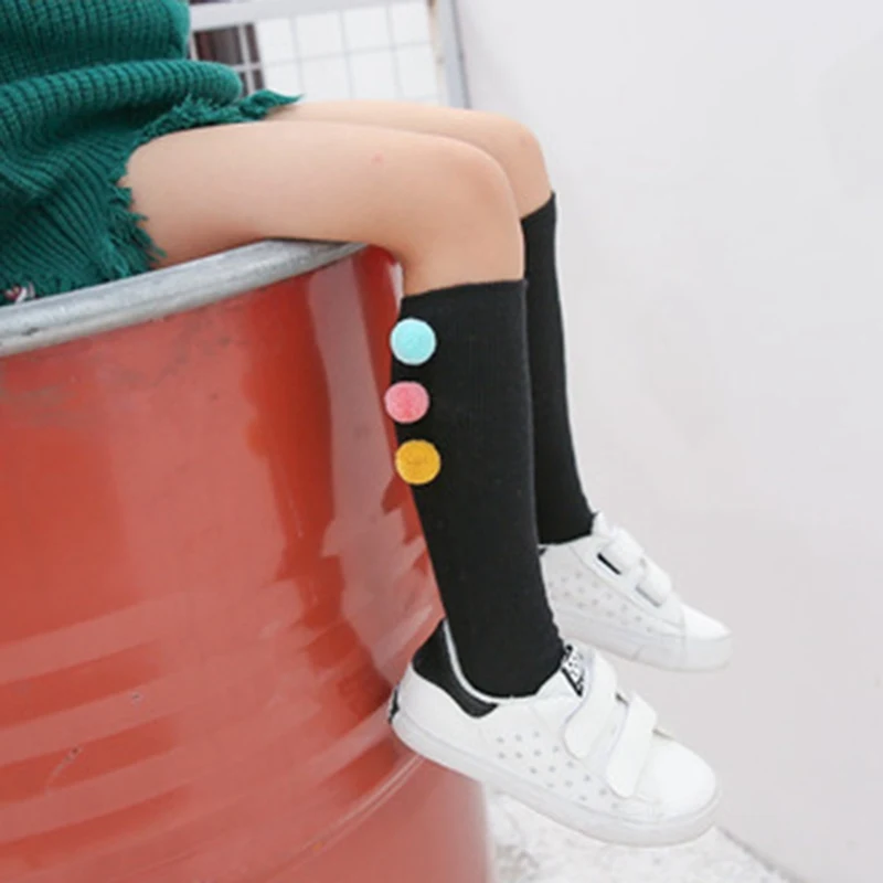 

Autumn Winter Kids Baby Girls Socks Soft Ball Pom Pom Knee High Cotton Socks Middle Long Tube Children Floor Socks