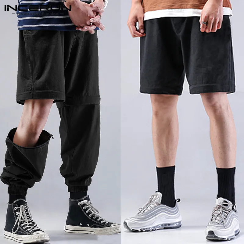 INCERUN для мужчин эластичный пояс галстук молния сплошной цвет два износа рабочие шорты свободные прямые спортивные луч ноги повседневные брюки 5XL