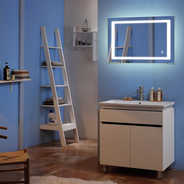 Square Wall Mount Bathroom Makeup Mirror Silver Aluminum Touch Screen LED Bathroom Vanity Mirror Lights with Magnifying Mirror 3