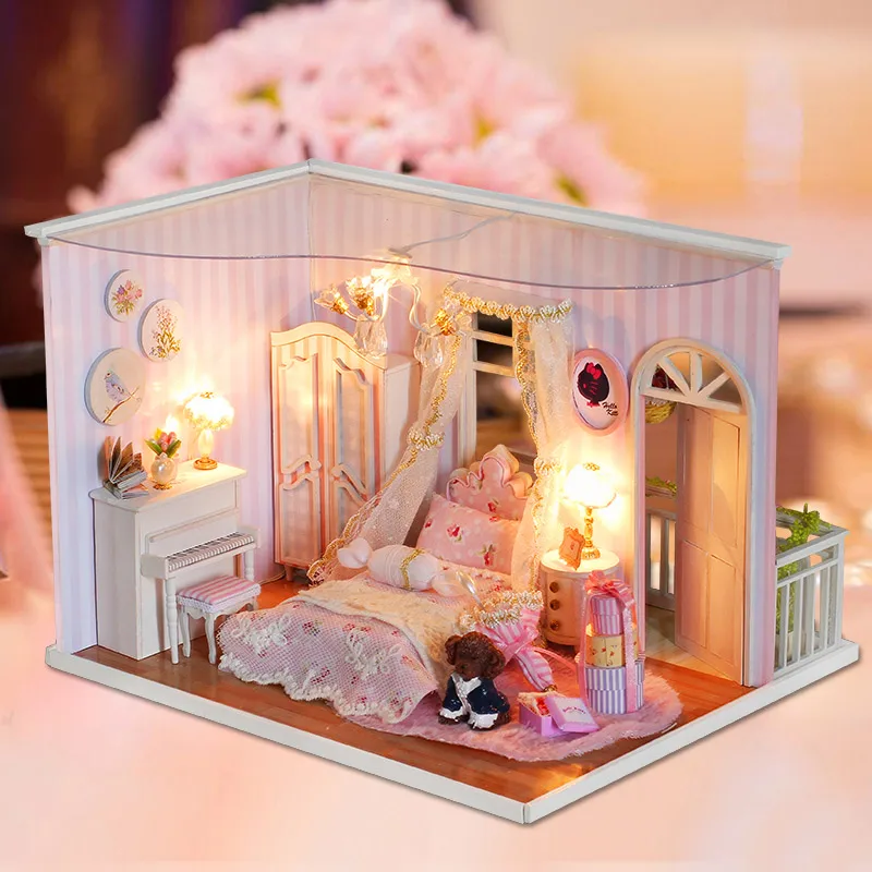 

Creative DIY Dollhouse With Furnitures 3D Wooden Handmade Model Doll House Birthday Gift Toys For Children Pink Memories CF02 #E