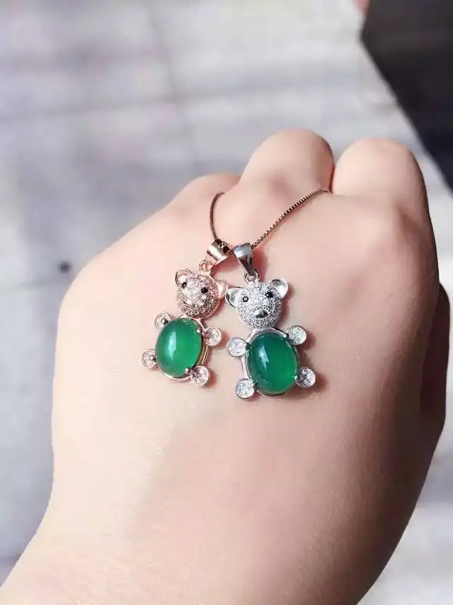

natural chalcedony pendant S925 silver Natural gemstone Pendant Necklace trendy elegant Lovely Bear women party girl jewelry