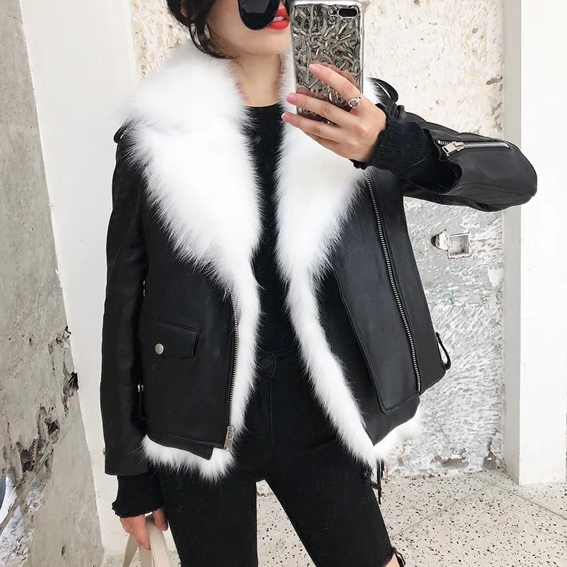 

New Luxury Design 2 Pieces Real Fur Sheepskin Jacket Womens Winter Fashion Lapel Real Fox Fur Liner Genuine Leather Biker Jacket