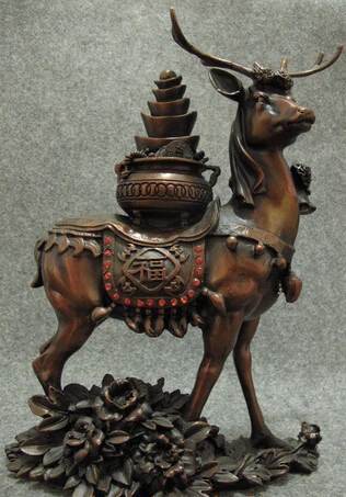 

004240 11 Chinese Pure Bronze Fu Animal Wapiti Deer Carry Wealth Bowl Cornucopia Statue
