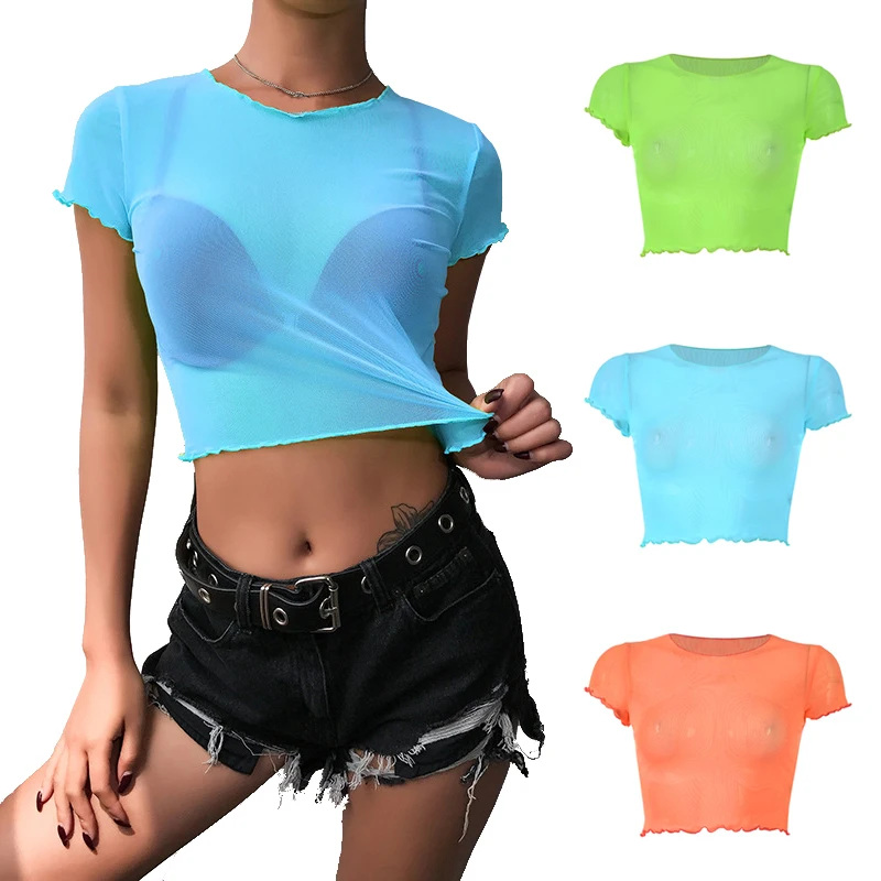 

See Through Crop Top Women Sexy Casual Slim Short Sleeve Short Tops T Shirt For Ladies Fitness Street Womens Clothing Tops tee