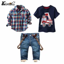 Kimocat/комплекты детской одежды на весну, костюм для маленьких мальчиков, клетчатая рубашка с длинными рукавами+ футболка с принтом машины+ джинсы, комплект из 3 предметов