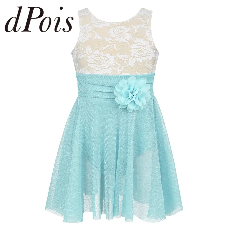 

Kids Girls Sleeveless Floral Lace Ballet Dance Leotard Dress Girls V-shaped Back Figure Ice Skating Dress Roller Skating Dress