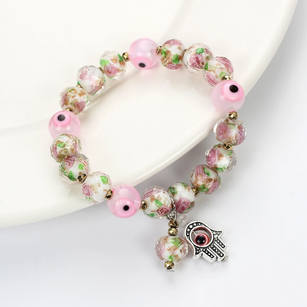 Сглаза розовые очаровательные каменные бусины браслет Хамса рука турецкий глаз браслет регулируемый ювелирные изделия подарок для женщин EY5079