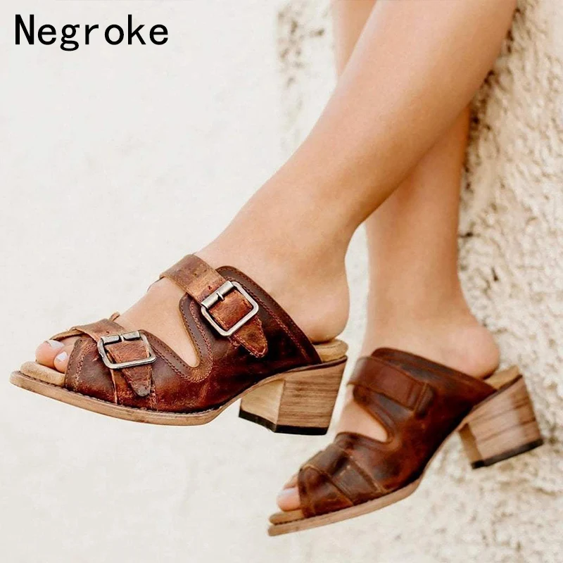 

2019 Fashion Women Sandals Block High Heels Summer Slippers Retro Leather Double Buckle Sliders Sandal Peep Toe Flip Flops 34-46