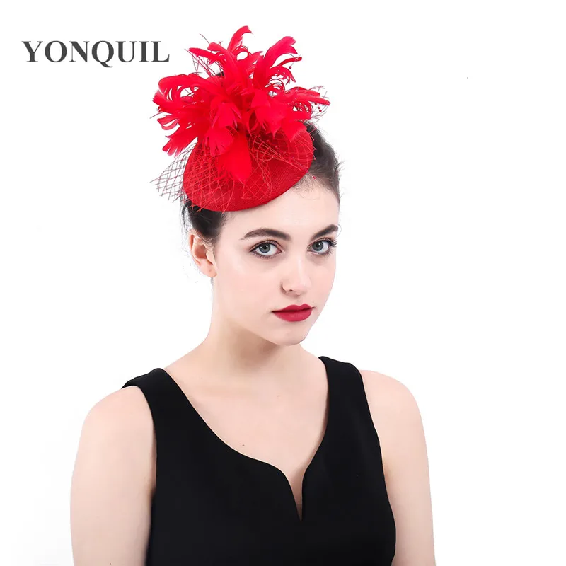 

Female Elegant red Fascinator Hat party Flower wedding hair clips headwear royal derby pillbox hats married hair accessories