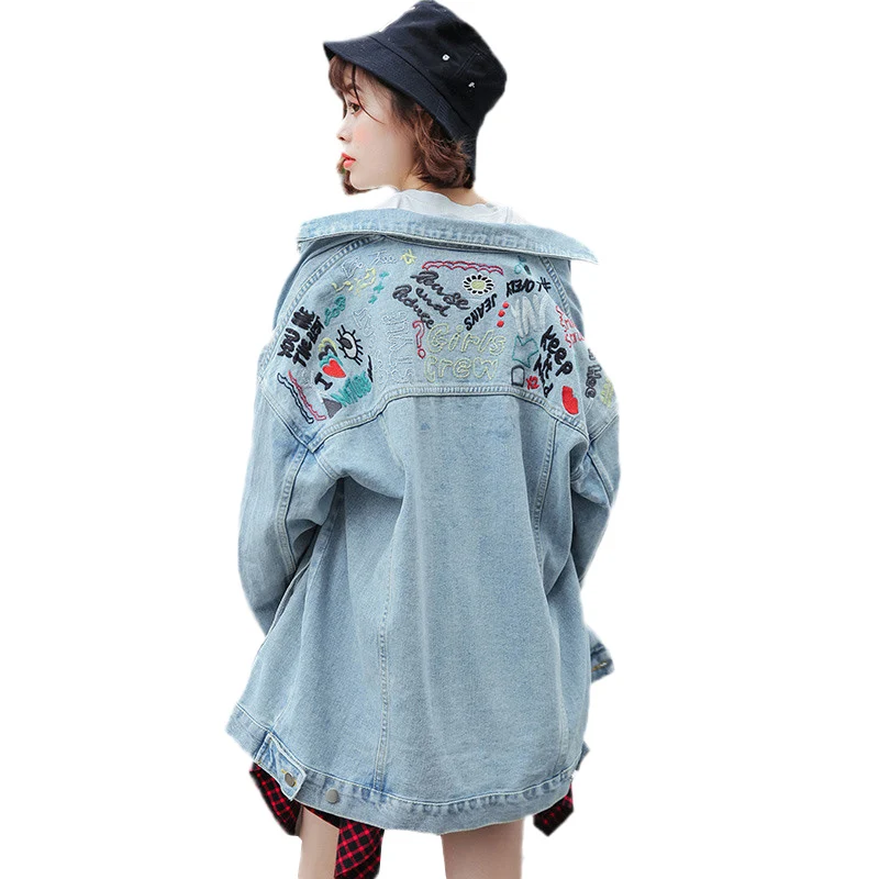 

Spring Denim Jacket 2018 Women Embroidery Loose Large size BF style Denim Coat Autumn Fashion Personality Lady Jacket DITING0151