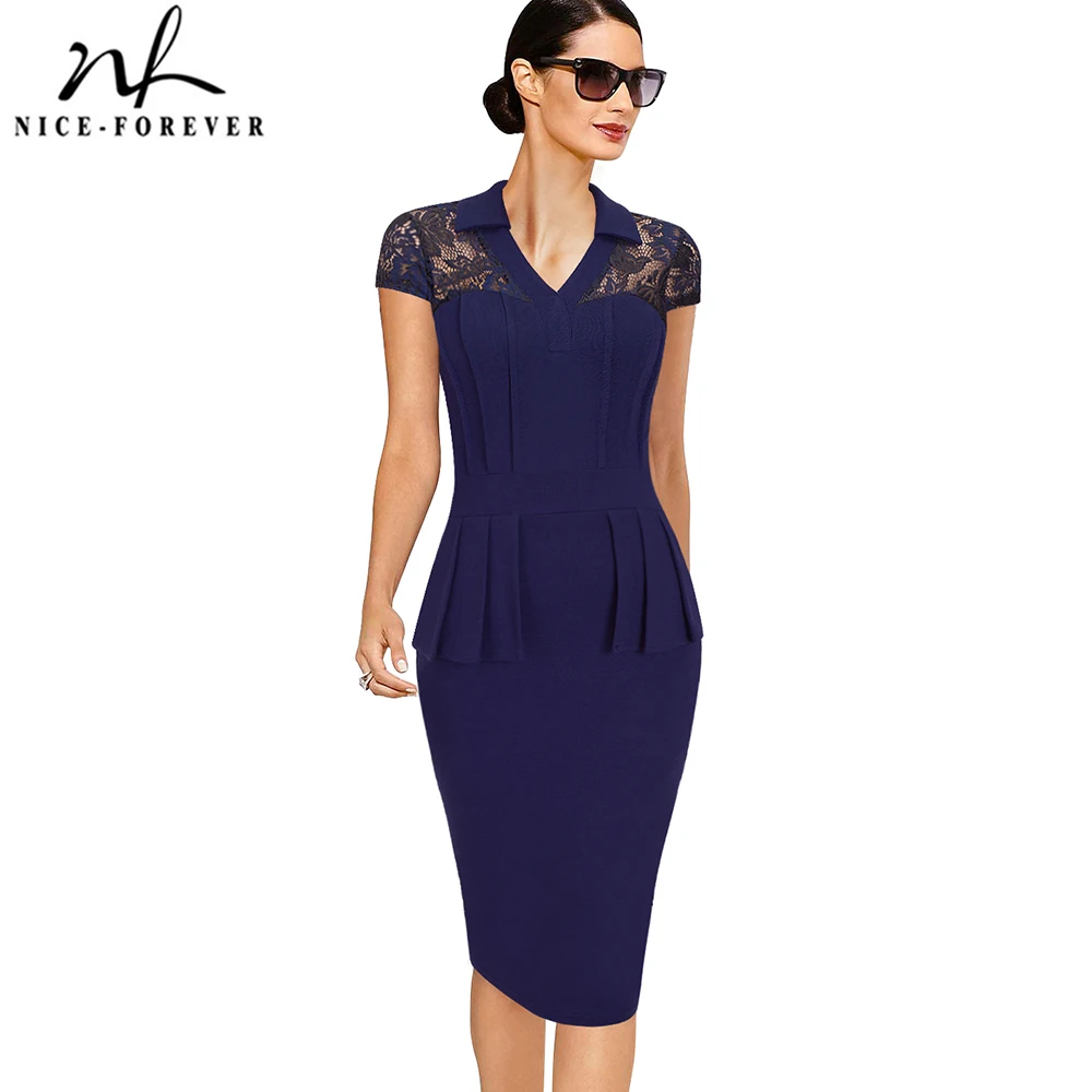 

Nice-forever Elegant See Through Lace Sleeve Sheath Bodycon Work Office Pencil Peplum Dress btyB387