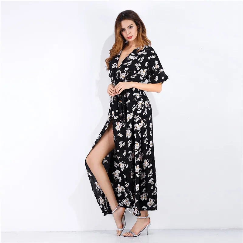 

Europe and the United States ladies dress 2018 spring and summer new sexy v collar floral beach dress short-sleeved dress