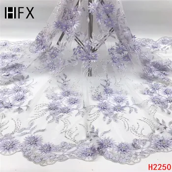 

HFX 2019 New style French net lace fabric 3D flower African tulle mesh lace fabric with bead stones high quality for dress H2250