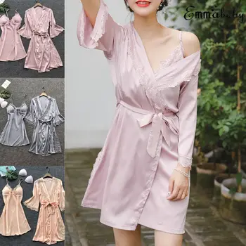 

2019 Sexy Lingerie Women Silk Lace Robe Dress Babydoll Nightdress Ladies Coats+Sling+Underpants 3pcs Fashion Nightgown Sleepwear