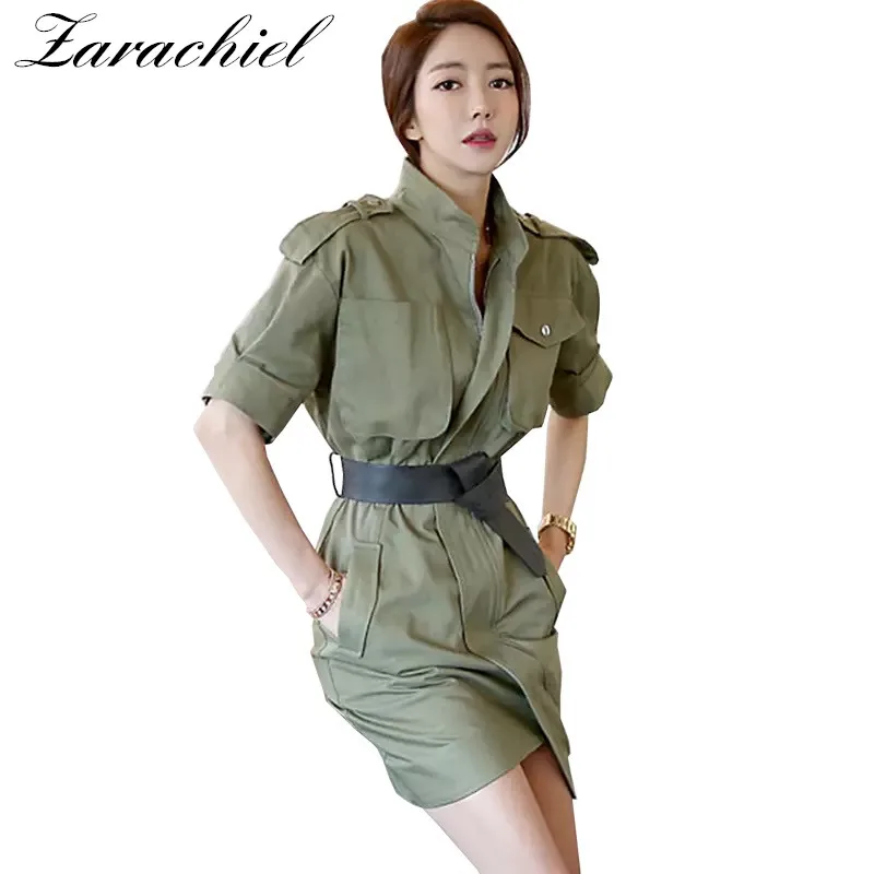 New 2018 Fall Army Green Dress Suit Women Vintage Formal Short Sleeve