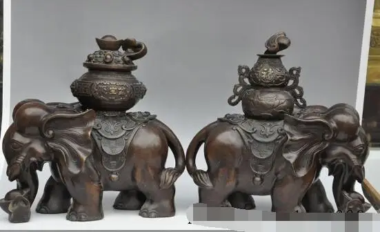 

S00227 14"China Bronze Wealth money treasure bowl Gourd Auspicious Elephant Statue Pair (B0413)