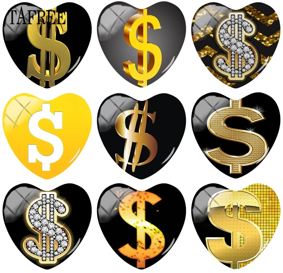 

TAFREE Unique US Dollar Picture Heart Shape Glass Cabochon Cover Beads 25mm Dome Base Cover Pendant