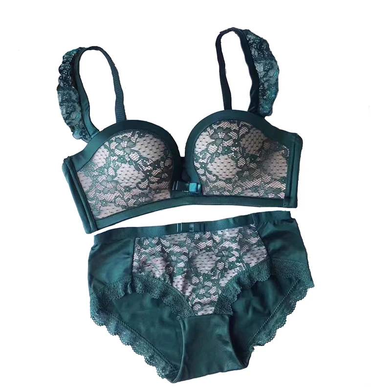 

Lace Wireless Seamless Push Up Half Cup Bra with Removable Straps Palm Shape Padded Bra and Panties Set Underwear Women Lingerie