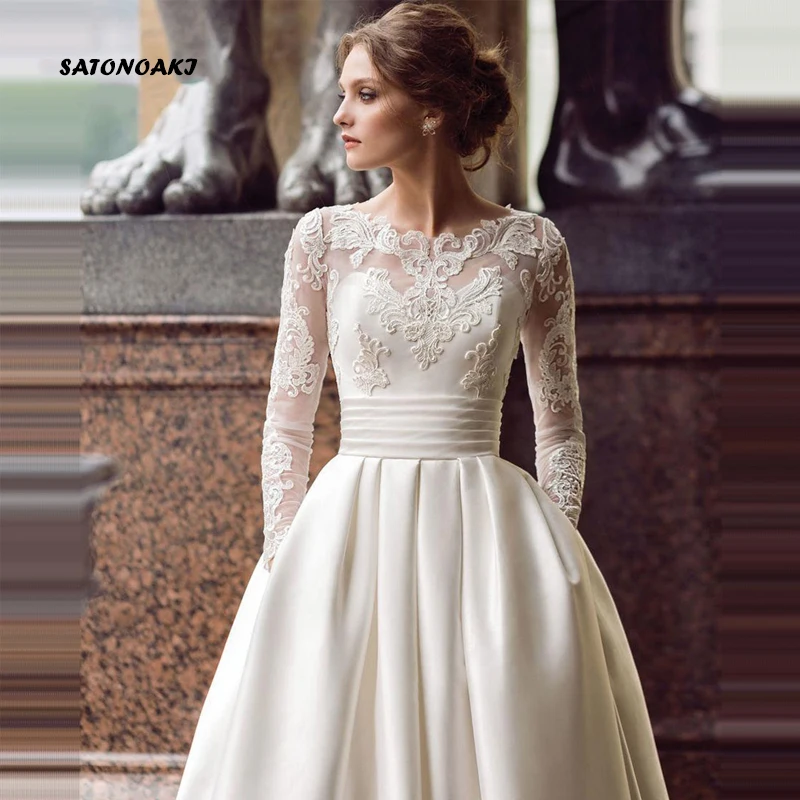 

SATONOAKI Modest Long Sleeve Wedding Dresses Turkey Scoop Satin Appliqued A-line Bridal Gown with Pockets Vestidos de Novia