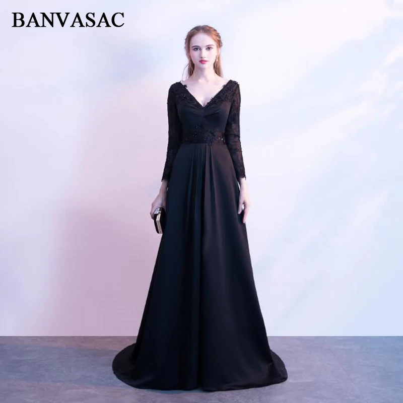 

BANVASAC Deep V Neck 2018 Appliques A Line Long Evening Dresses Lace Illusion Long Sleeve Backless Party Prom Gowns