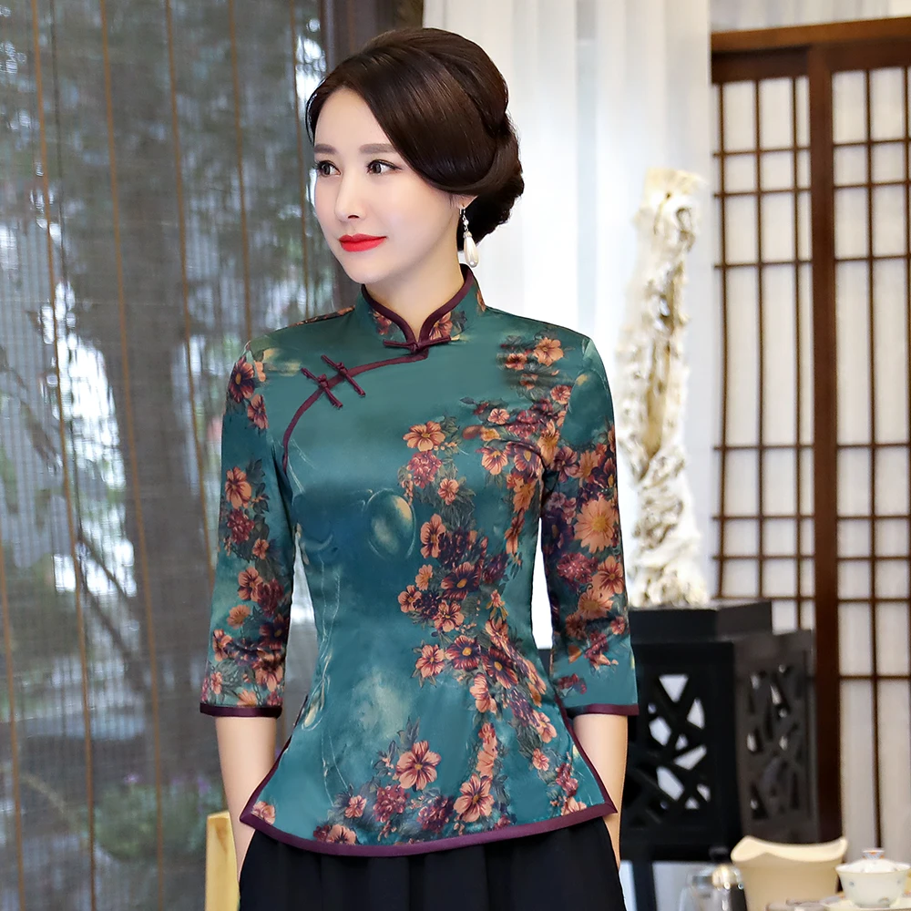 

New 2018 Summer Womens Shirt Tops Traditional Chinese Lady Silk Blouse Mandarin Collar Qipao Mujer Camisa Tops S-XXXL