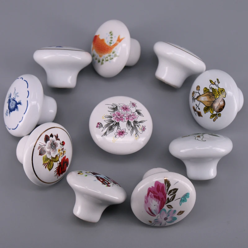 1x Flower Fish Castle Print White Porcelain Knobs For Cabinets