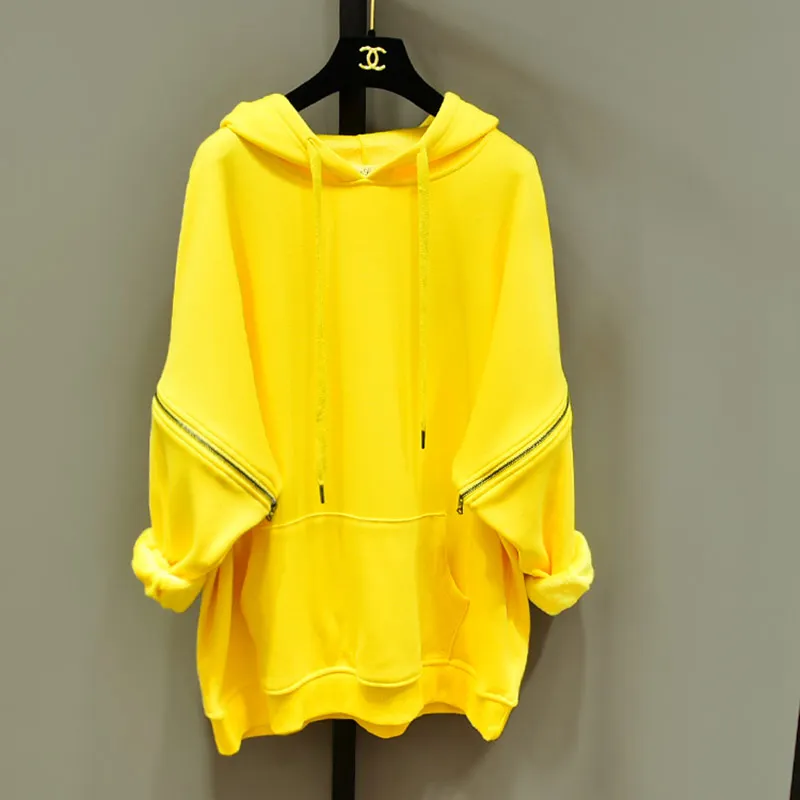Тренд-сеттер, осенняя и зимняя уличная толстовка с капюшоном, женские свободные желтые пуловеры на молнии с рукавами, худи, большие размеры
