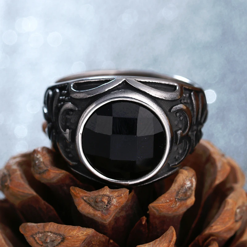 

Black Stone Ring Stainless Steel Cubic Zircon Wedding Rings for Men Woman Jewelry