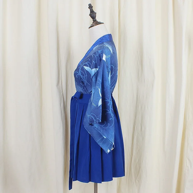 Японское кимоно юката версия синяя одежда с рисунком журавлей Топы+ синяя плиссированная юбка Женский комплект из 2 предметов