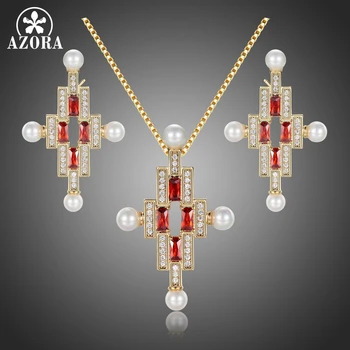 

AZORA Luxury Women Wedding Pearl Cross Necklace Earrings Bridal Jewelry Set Rectangle Red Cubic Zirconia Anniversary Gift TG0276