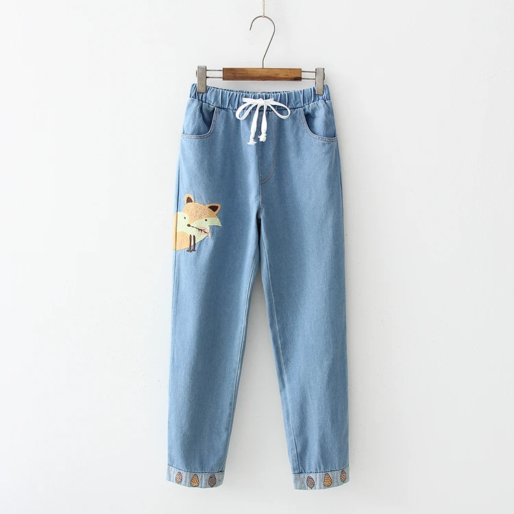 

fox squirrel stitch casual Pine cone embroidery kawaii cute denim pants jeans 53920-LH