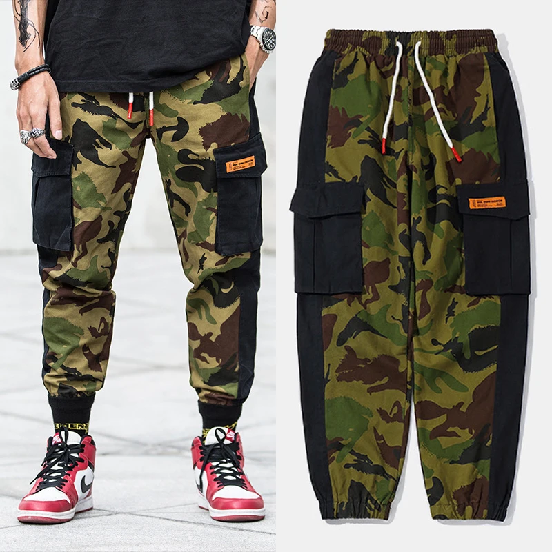 

Fashion Camouflage Military Pants Spliced Designer Patch Pocket Cargo Pants Loose Fit Slack Bottom Hip Hop Joggers Pants Men