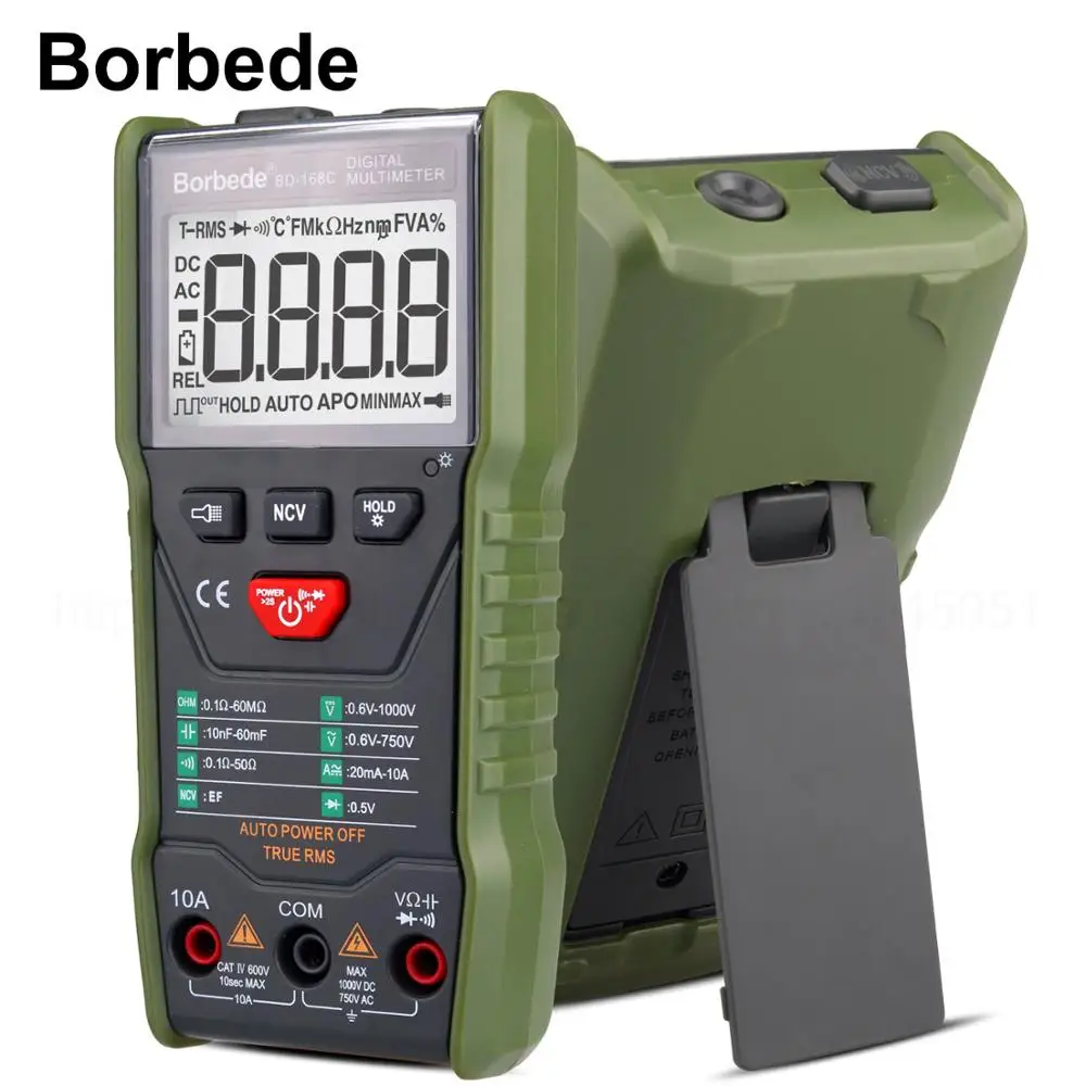 

Borbede 168C Auto-scanning Digital Multimeter DC AC Capacitance Resistance Tester 6000 count Portable Smart