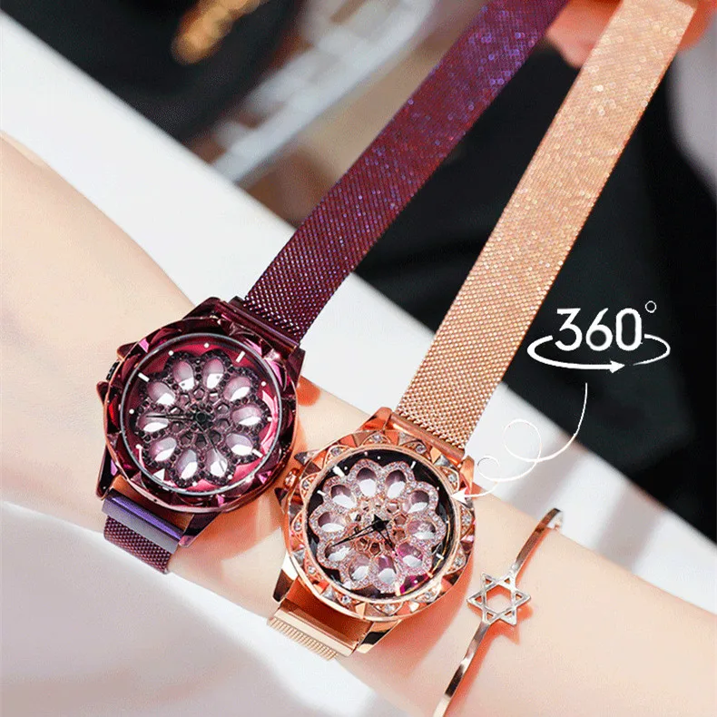 

Luxury Women Rotation Watch Fashion Design Female Wristwatches Stainless Steel Mesh Strap Watches Waterproof Ladies Quartz Watch